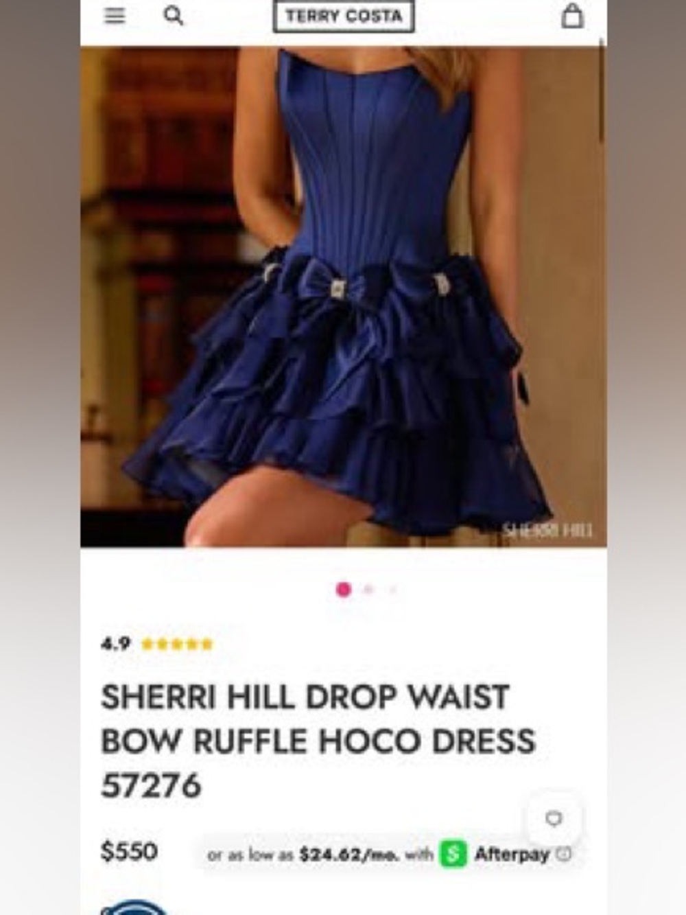 Sherri Hill Navy Ruffle Drop-Waist Dress with Bow Accents